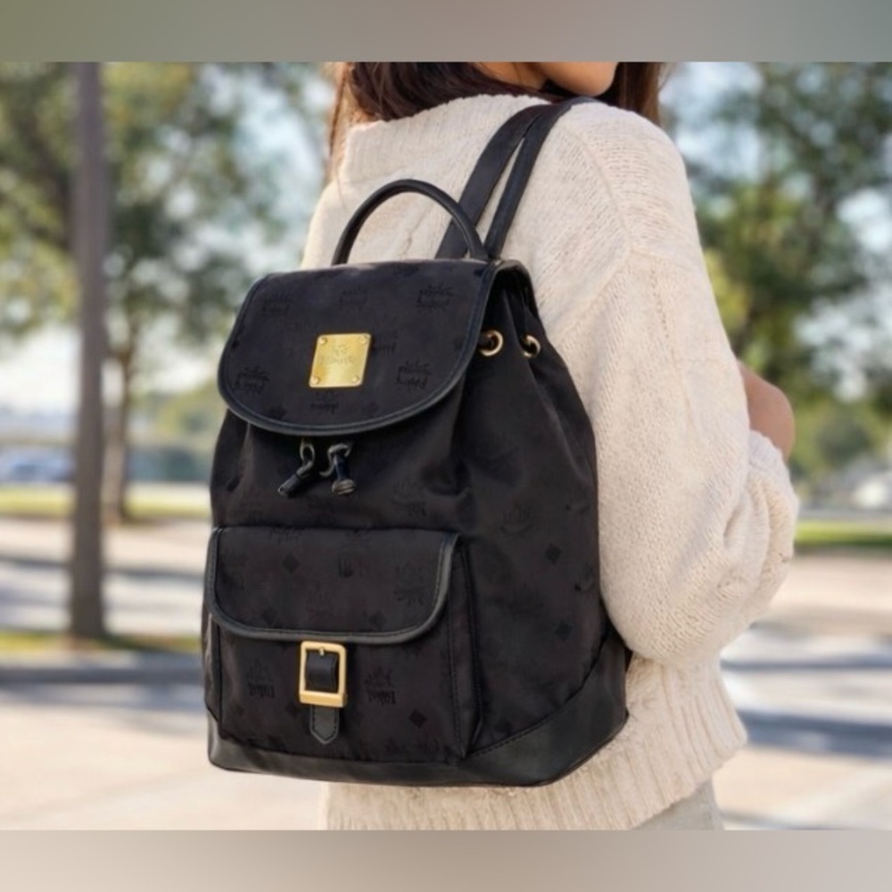 Authentic MCM Vintage Jacquard Nylon Drawstring Backpack Black Gold Hardware